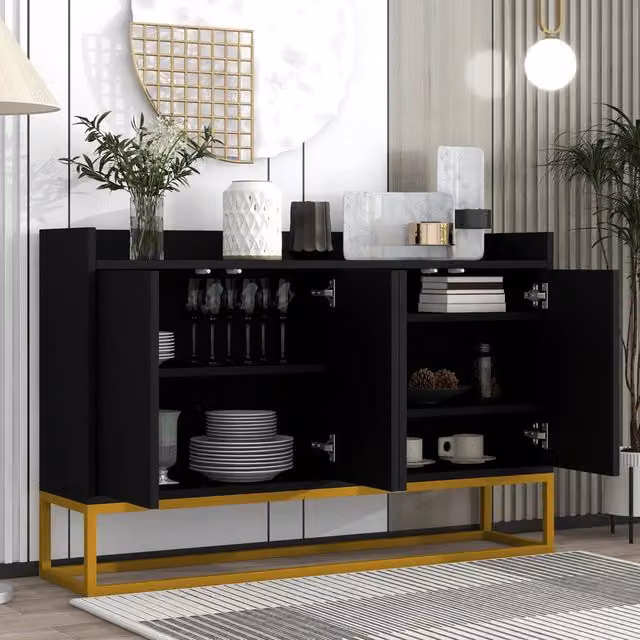 Credenza e madia OKWISH moderna con 4 ante e 2 ripiani, apertura a pressione, colore nero opaco, L 120 x P 30 x H 80 cm