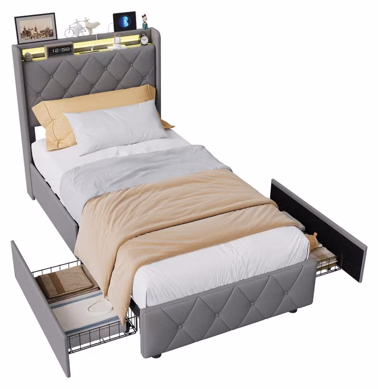 Letto imbottito ProximaX 90x200 cm con luci LED e testiera con vano portaoggetti, stazione di ricarica USB/Type-C, letto singolo con rete a doghe e 2 cassetti, letto con vano portaoggetti in velluto, grigio