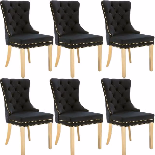 Sedia da pranzo in velluto nero con anelli dorati e gambe in acciaio inox - 50,5x45x95 cm