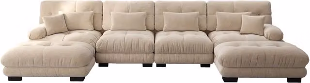Divano modulare angolare a forma di U in chenille vintage marrone chiaro, 4 posti con pouf mobile