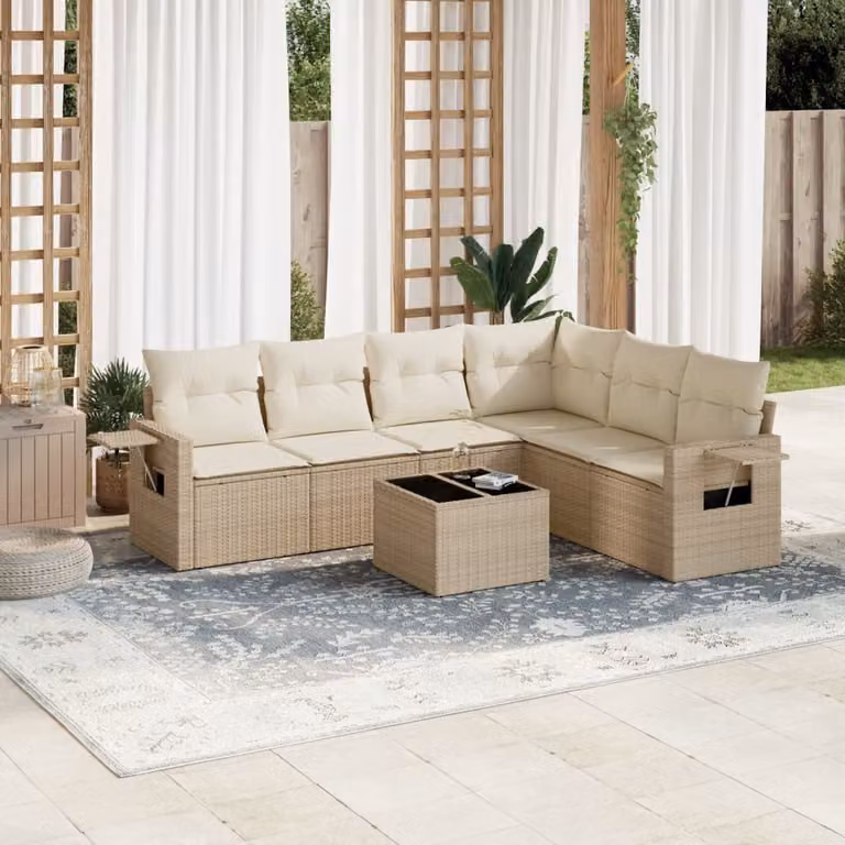vidaXL Set Divani da Giardino 7 pz a Forma a L in Polyrattan con Cuscini Beige e Tavolino da Esterno