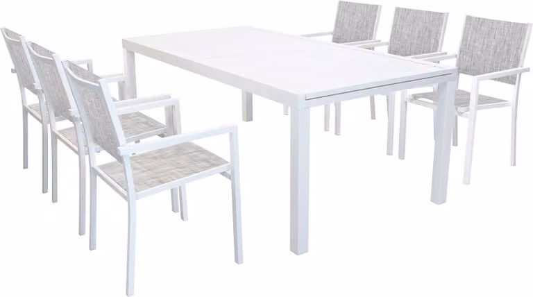 Milani Home - Set Tavolo Giardino Rettangolare Allungabile 200/300x100 Con 6 Poltrone In Alluminio Bianco Da Esterno - Bianco