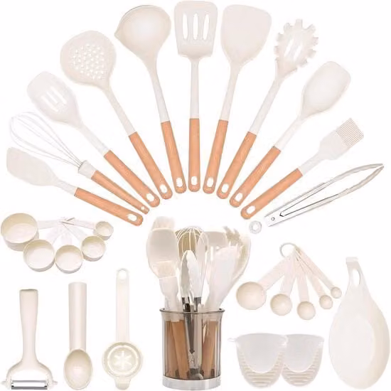 Set di utensili da cucina in silicone da 28 pezzi - pentola antiaderente - con maniglia e supporto in legno - bianco