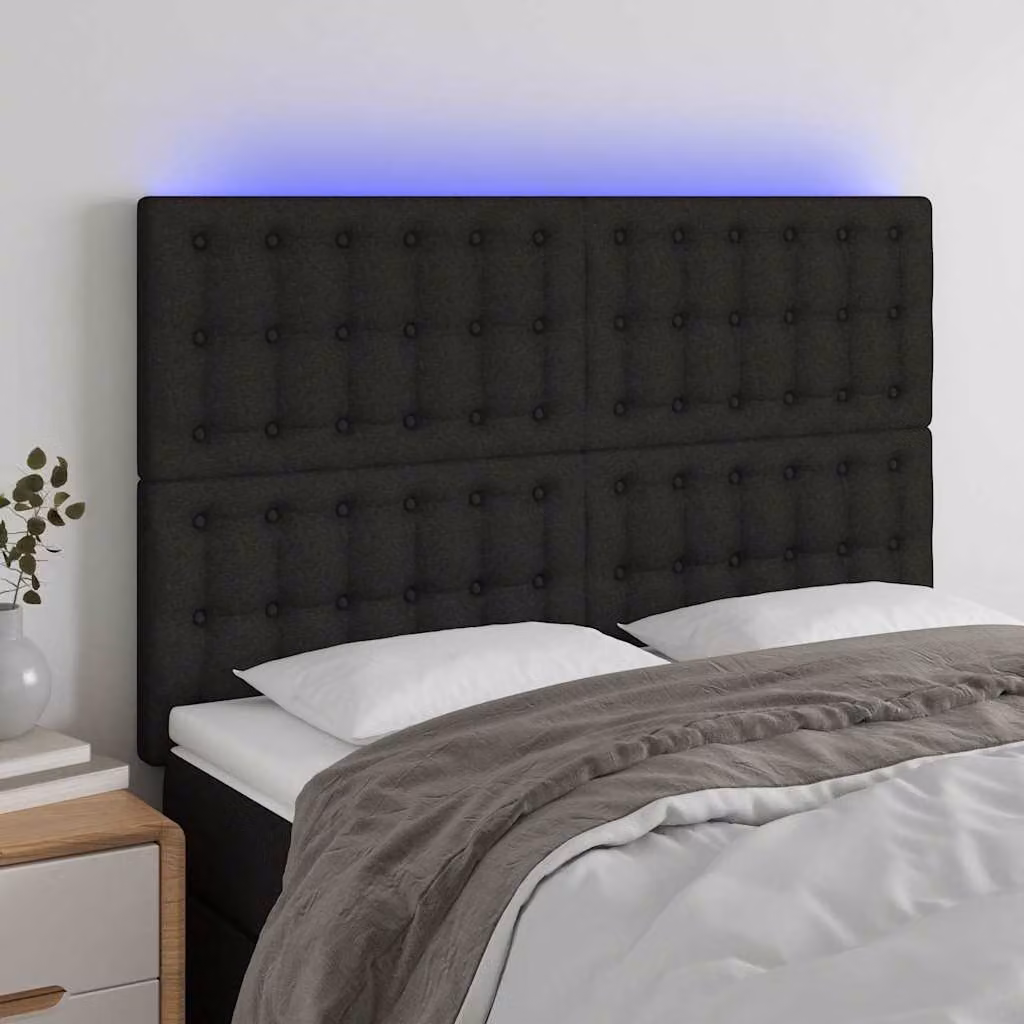 Testiera per letto vidaXL in tessuto nero con illuminazione LED integrata e porta di ricarica USB, L: 144 cm, P: 5 cm, H: 118-128 cm