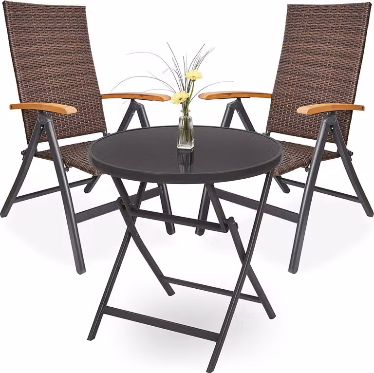 Gruppo da giardino BRUBAKER Modena - 1 tavolo in vetro pieghevole rotondo 70 cm Ø con 2 sedie in polyrattan - resistente alle intemperie - marrone/antracite