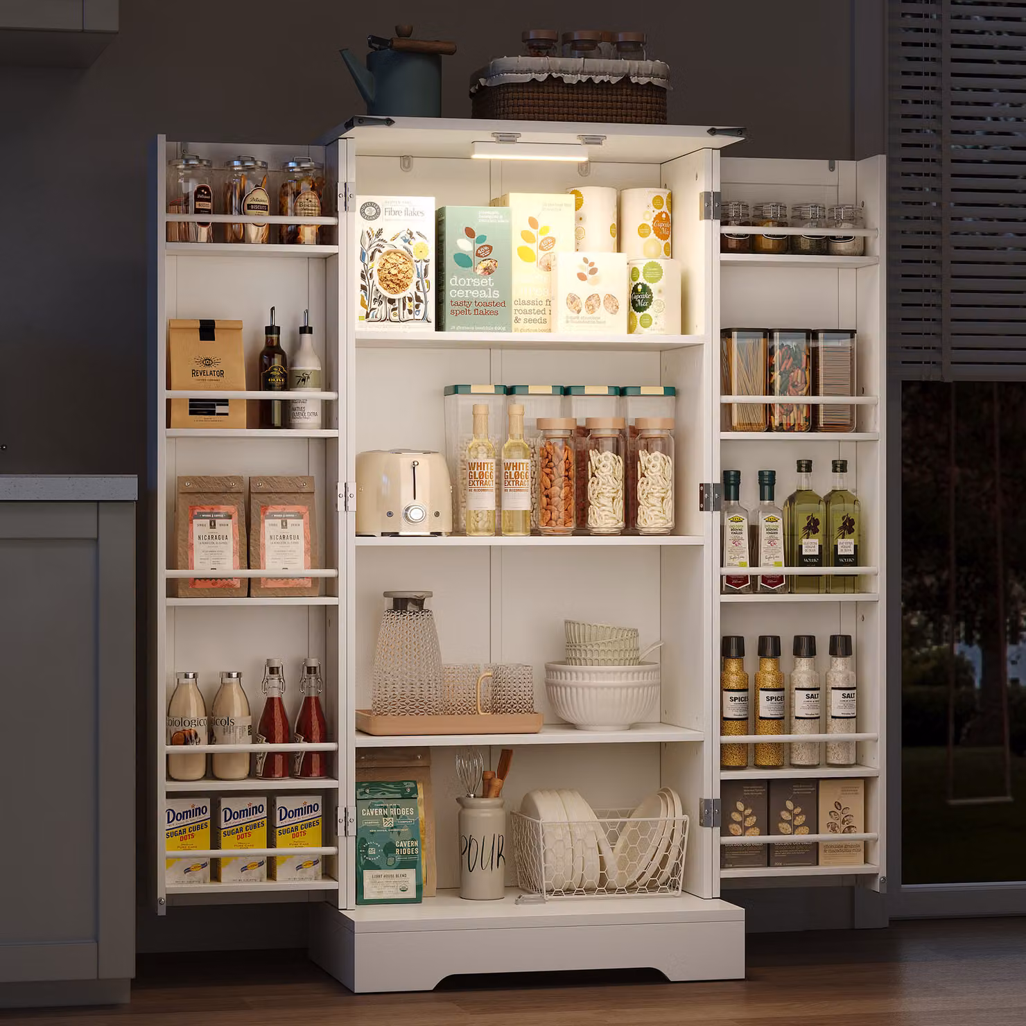 Armadio alto Flieks con LED 60x35x128,5 cm, mobile buffet da cucina in stile country, credenza per cucina con ripiani regolabili, bianco