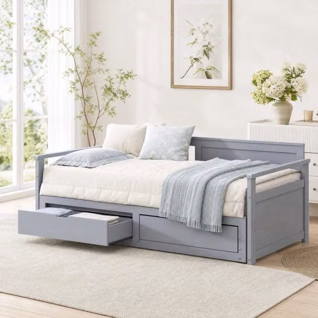Divano letto multifunzione 90/180x190 cm con cassetti e letto estraibile; grigio