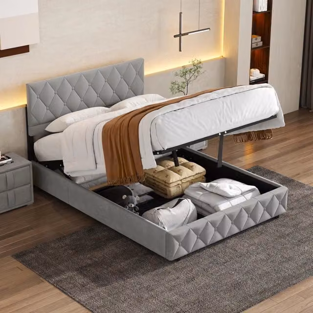 Desviae Letto imbottito 140 × 200 cm in velluto grigio con rete a doghe, struttura stabile e montaggio semplice