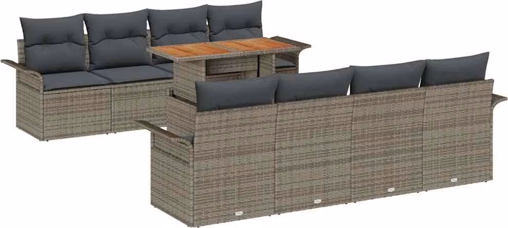 Set Divano da Giardino 9 pcs Grigio Poly Rattan