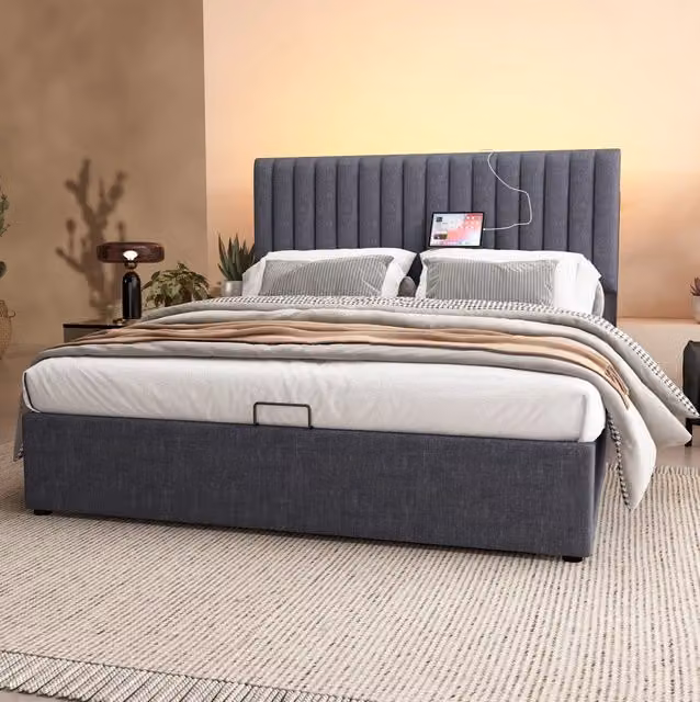 Letto matrimoniale imbottito con contenitore, LED controllabile via app, ricarica USB Type-C, testiera regolabile, 140x200 cm, grigio (esclusa rete e materasso)