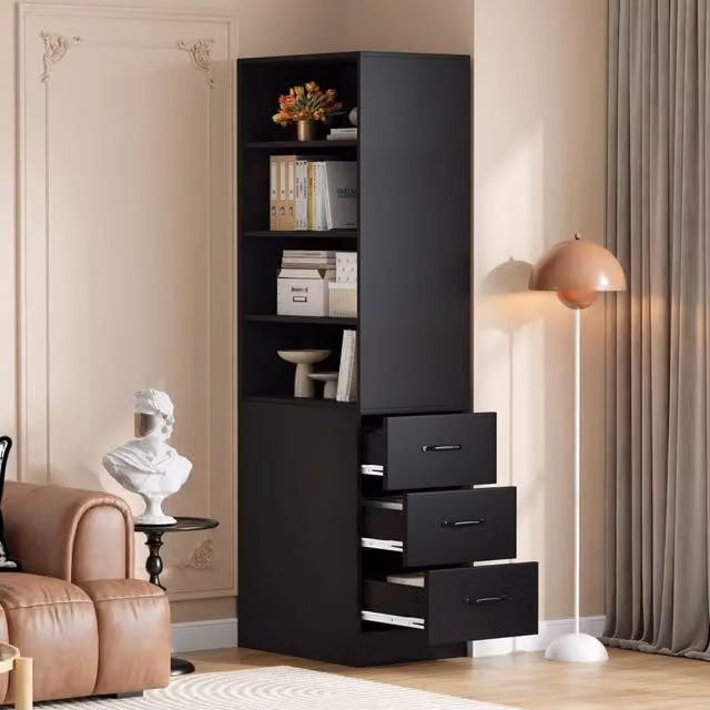 Libreria Alta e Stretta con Cassetti ¨C MINIMAL ¨C Legno, Ripiani Regolabili, Soggiorno/Ufficio