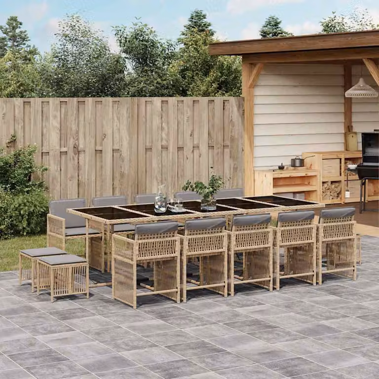Set Pranzo da Giardino vidaXL in Polyrattan con Cuscini Beige e Grigio, 15 Pezzi