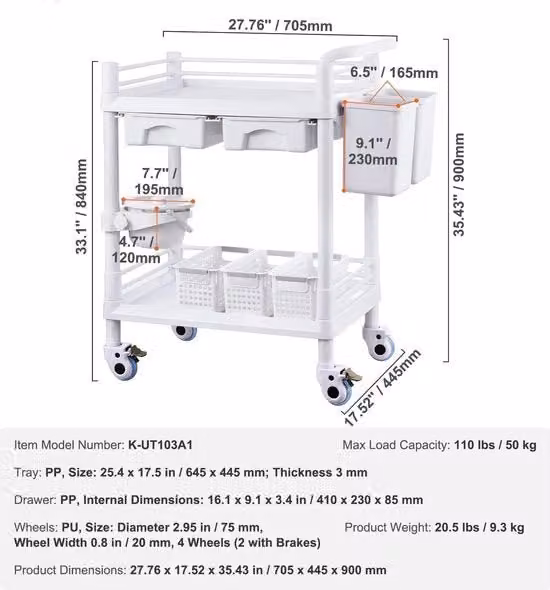 Carrello da laboratorio rotolante in plastica bianca per clinica, ospedale o estetica, L/P/H: 90 x 70,5 x 44,5 cm