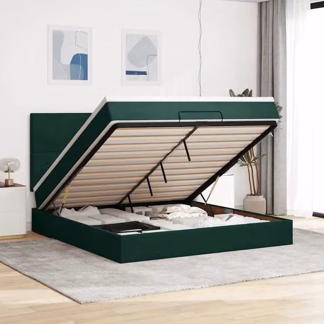Letto con contenitore a sollevamento vidaXL in velluto verde e bianco con materasso L/P/H: 203 x 160 x 128 cm