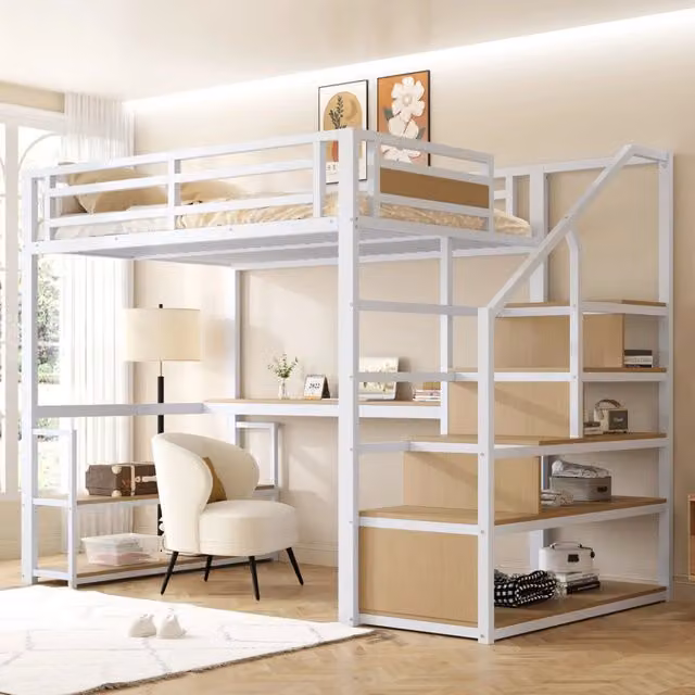 Letto a castello in metallo bianco con funzione contenitore e scrivania 140x200 cm