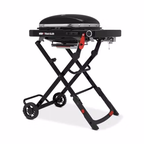 Weber Traveler Compact Barbecue a Gas, 1 Bruciatore, Griglia di Cottura 52 x 36 cm, BBQ Portatile Da Esterno, Termometro sul Coperchio, Carrello con Ruote Ripiegabile, Nero (1500557)