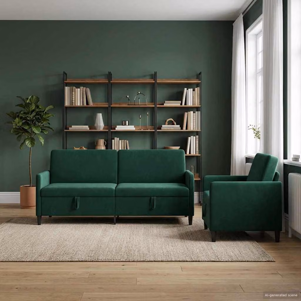 Set di 2 divani moderni vidaXL con contenitore, rivestimento in tessuto verde e nero per soggiorno