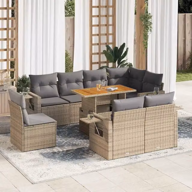 Set Divano da Giardino 9 pz vidaXL in Polyrattan con Cuscini Beige e Tavolino da Esterno