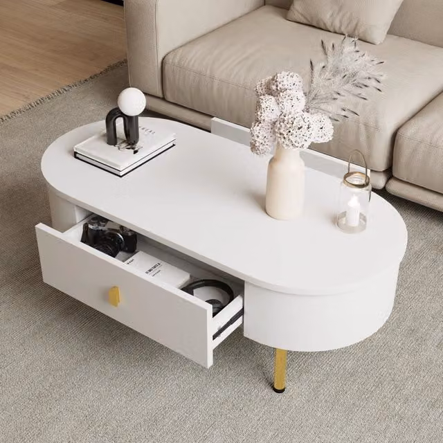 Tavolino basso fisso con 2 cassetti in MDF bianco e oro gambe cilindriche bordi arrotondati 108 × 50 × 40 cm