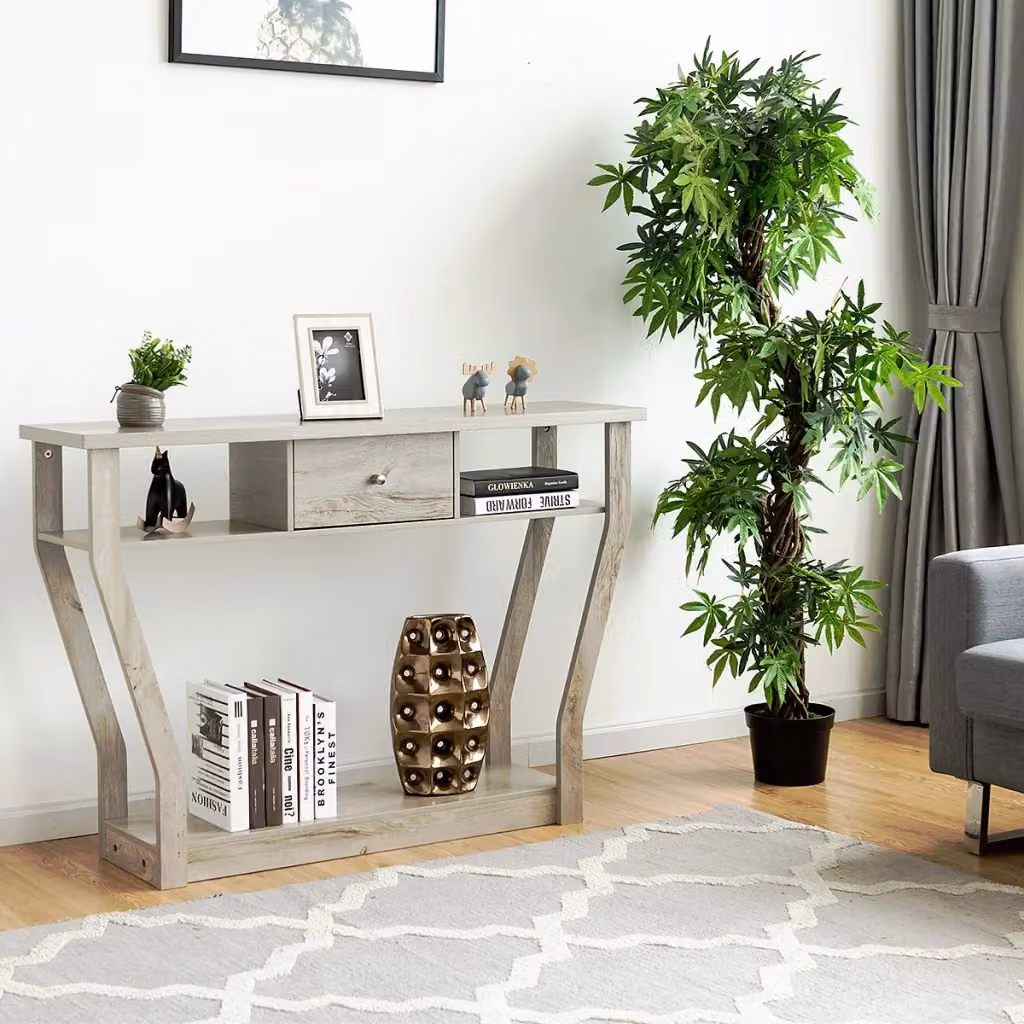 Consolle multifunzione con cassetto e 3 ripiani per ingresso, salotto o ufficio, Grigio, L 120 x P 30 x H 81 cm – 2