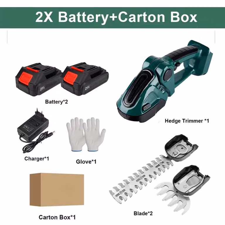 Tagliasiepi e decespugliatore elettrico 2-in-1 - 2 batterie - Lame da 220 mm - Doppia lama - Motore a spazzole - 20000 giri/min
