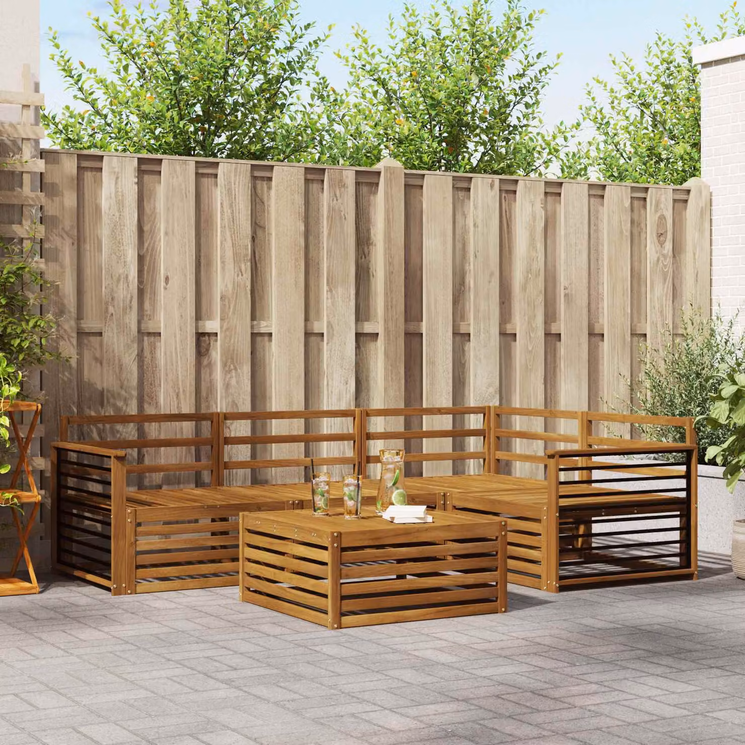 Set di divani da esterno vidaXL a forma di L in legno di acacia massello marrone con cuscini inclusi per giardino e terrazza