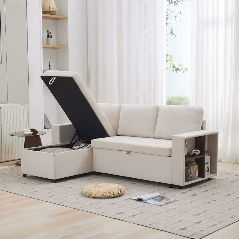 Divano ad angolo a tre posti MODFU, divano a L con chaise longue e vano portaoggetti, orientabile a destra o a sinistra, divano letto con cuscini per lo schienale, braccioli con ripiani, ciniglia, beige