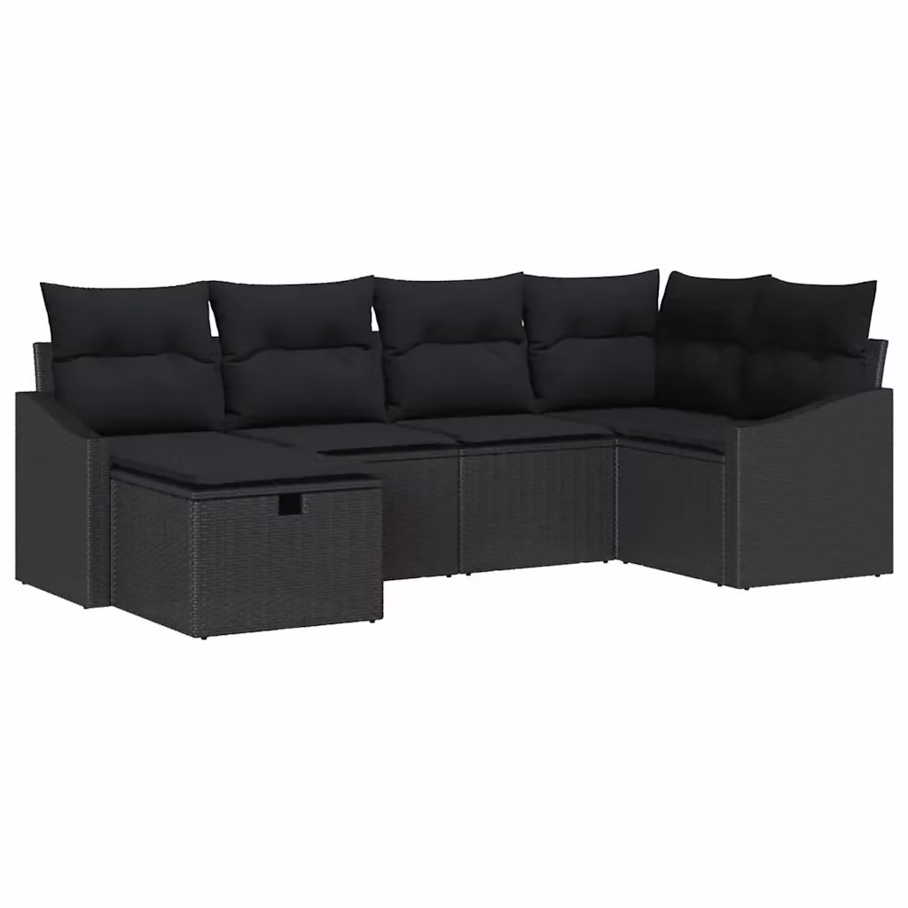 Set di divani da giardino vidaXL a forma di L in rattan nero con cuscini e pouf, struttura in acciaio verniciato a polvere – 2