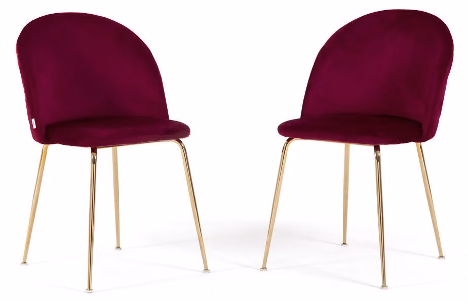 Set di 2 sedie in velluto per interni, imbottite, con gambe in metallo, dal design elegante per cucine, bar e ristoranti - Sara – Bordeaux/Oro