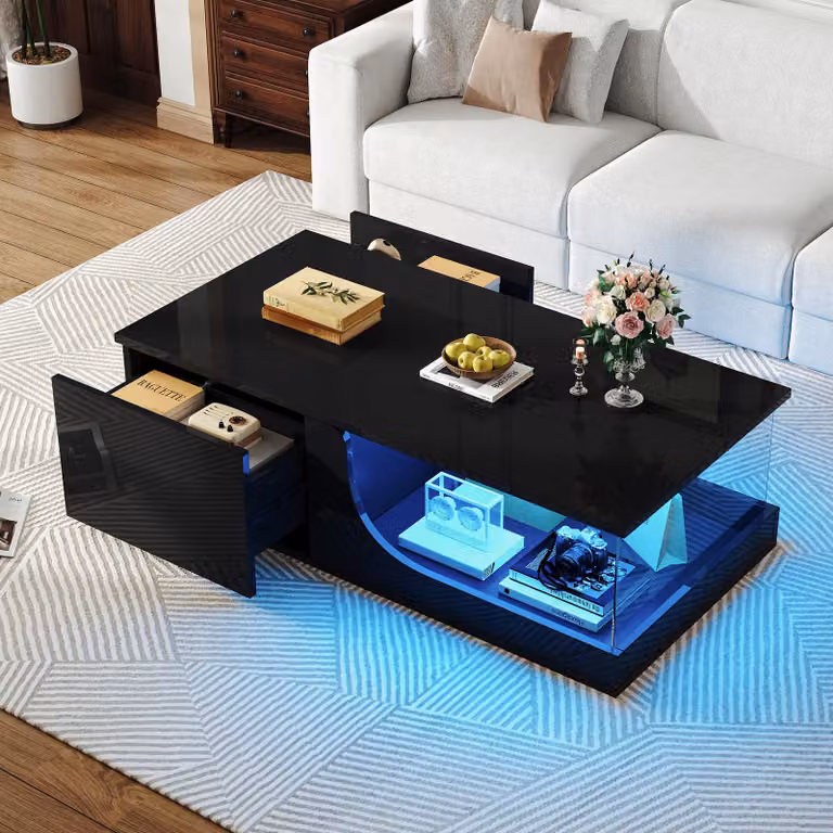 STILVORA Tavolino da salotto lucido con 2 cassetti e luci a LED controllabili tramite app, tavolino da divano in vetro temperato, nero