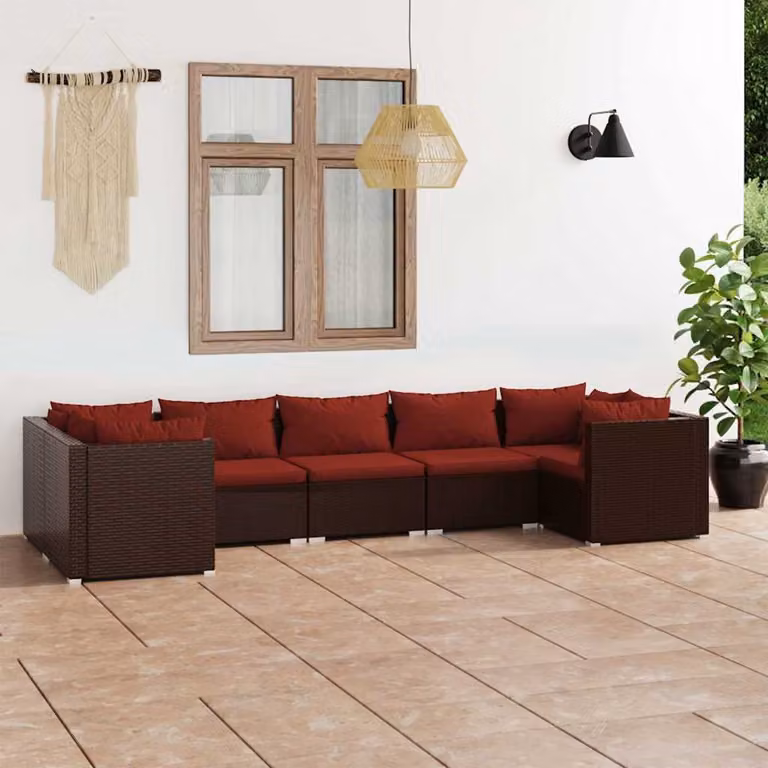 Set di divani da giardino vidaXL 7 pezzi in rattan marrone con cuscini e struttura in metallo a forma di L