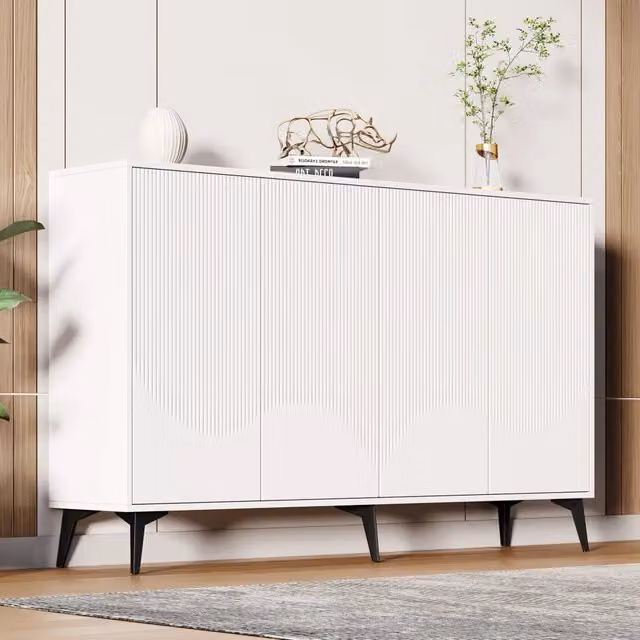 Credenza con 4 ante a pressione e ripiani regolabili; truciolare e metallo; bianca 160 × 35 × 100 cm