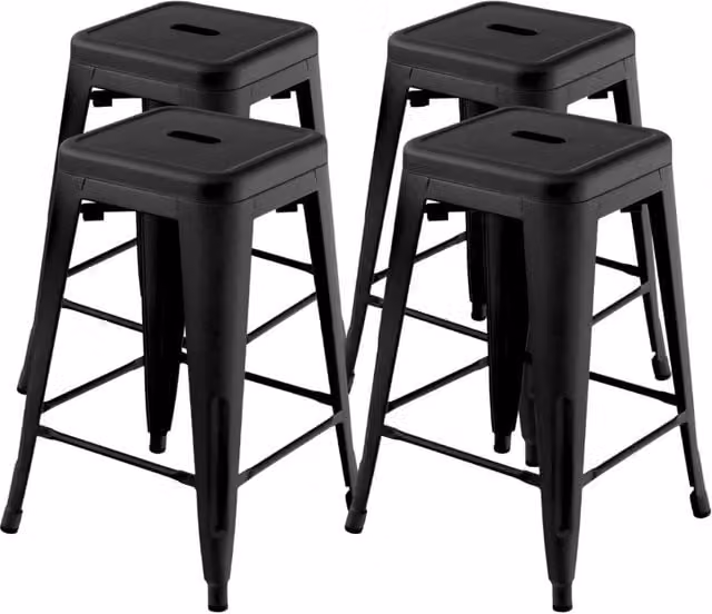 Set di 4 Sgabelli da bar senza schienale 61cm, Sgabelli in metallo impilabili con poggiapiedi per cucina Nero-Sgabelli da bar
