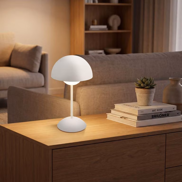 Briloner KUGLE Lampada da tavolo senza fili IP44, dimmerabile, touch, batteria ricaricabile, protezione dagli spruzzi d'acqua, bianco antico, Ø16 x 29 cm