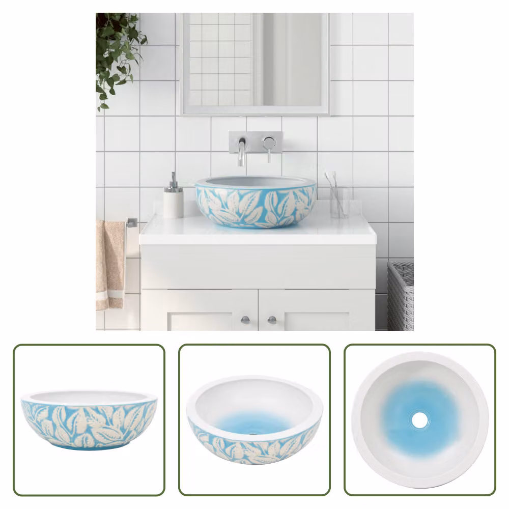 The Living Store Lavabo da appoggio Bianco e blu Rotondo Ø41x14 cm Vetroceramica