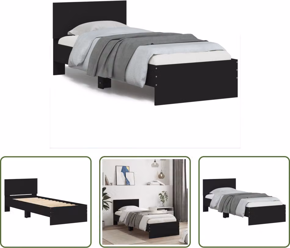 The Living Store Struttura letto con testiera nera 90x200 cm in materiale ligneo