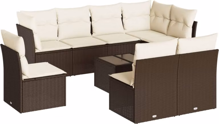 Set Divani da Giardino 9pz con Cuscini Marrone in Polyrattan