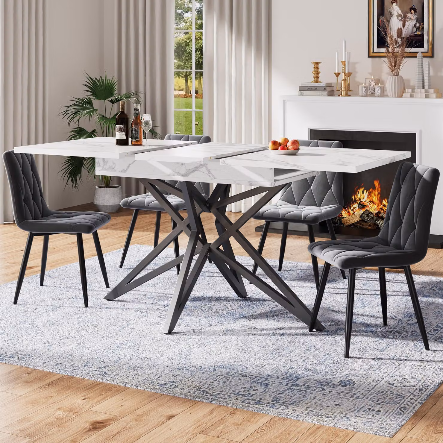 okwish Tavolo da pranzo 120 (160) x 80 cm con chiusura, tavolo da soggiorno bianco, tavolo da cucina in finto marmo con gamba in metallo e serratura