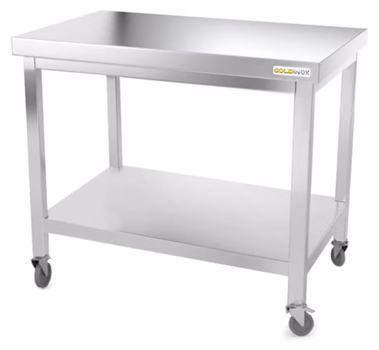 Tavolo da lavoro in acciaio inossidabile, dimensioni 1200 x 600 mm, su ruote, PREMIUM - GOLDINOX
