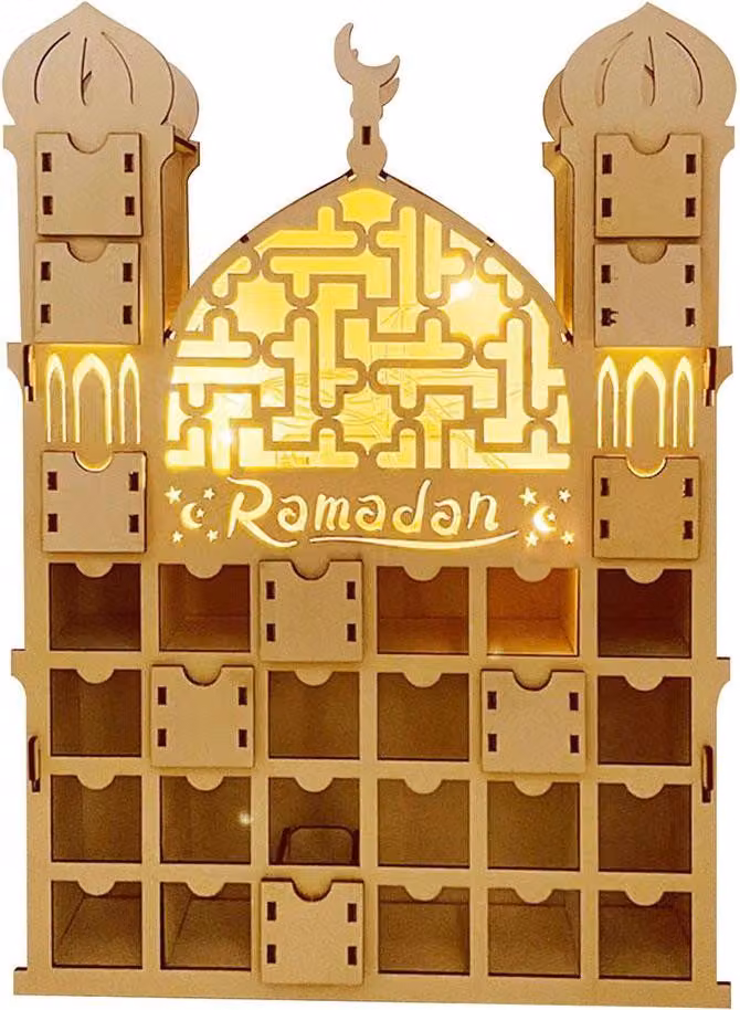 Calendario dell'Avvento in legno a tema Ramadan 2022, con auguri di "Eid Mubarak" e contenente cassetti, per un conto alla rovescia di 30 giorni e decorazioni festive