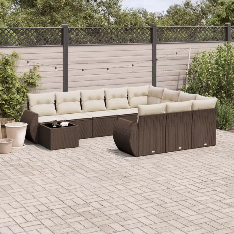vidaXL Set Divani da Giardino 11 pz a Forma a U in Polyrattan Marrone con Cuscini e Tavolino da Esterno