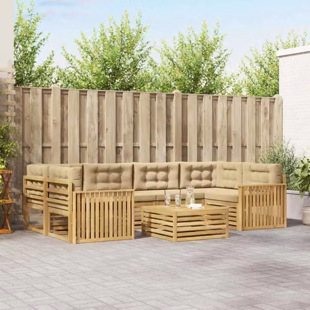 Set di divani da esterno a forma di U vidaXL in legno di acacia con tavolo da caffè, 7 pezzi, Bianco e Beige