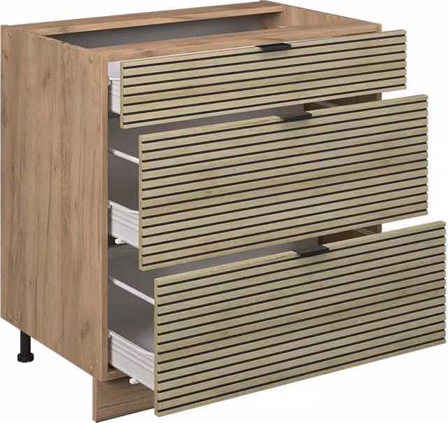 Mobiletto base per cucina Fame-Line Pannello in quercia/Rovere dorato 80 cm con 3 cassetti, senza AP Vicco