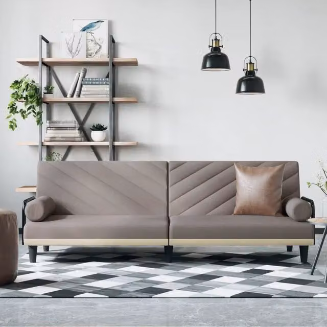 Divano Letto Click Clack vidaXL Moderno in Tessuto con Braccioli e Cuscini, Grigio o Beige, L/P/H: 205 x 90 x 70 cm – 1