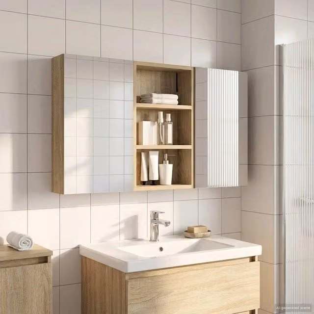 Set di 3 armadi da bagno moderni vidaXL con specchio e illuminazione LED, colore beige, L: 90 cm, P: 10,5 cm, H: 50 cm