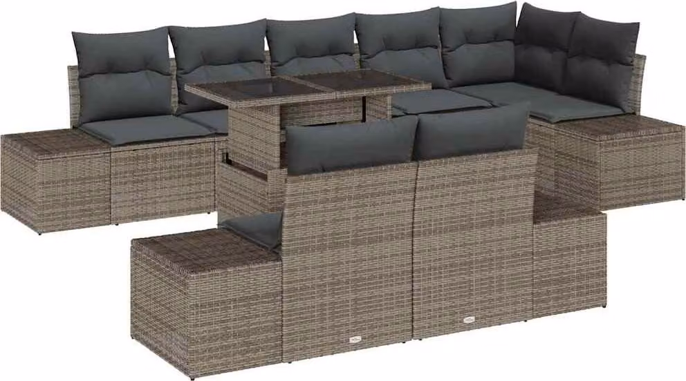 Set Divano da Giardino 9 pcs Grigio Poly Rattan