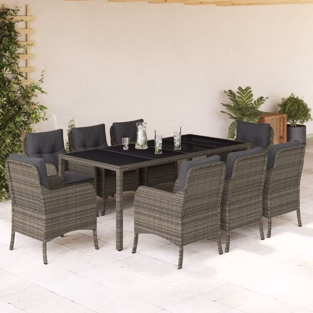 The Living Store Set da pranzo da giardino 9 pezzi con cuscini in poly rattan grigio