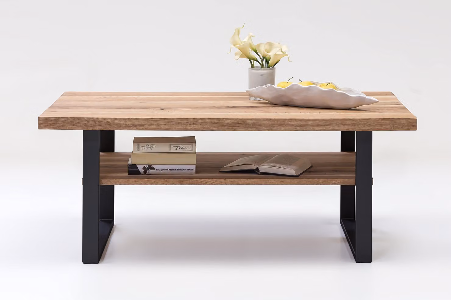 Tavolino - 115 x 65 cm - rovere massiccio oliato - struttura in metallo - nero - con ripiano