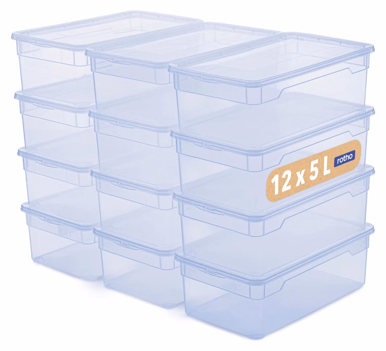 Set di 12 contenitori trasparenti blu da 5 litri, con coperchio, marca Rotho Clear