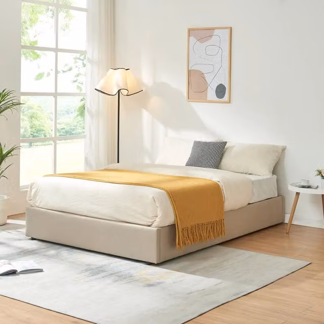 Letto Francese Contenitore Nola 140x200 cm Apertura a Ribalta Rivestito in Tessuto Lino - Beige [en.casa]